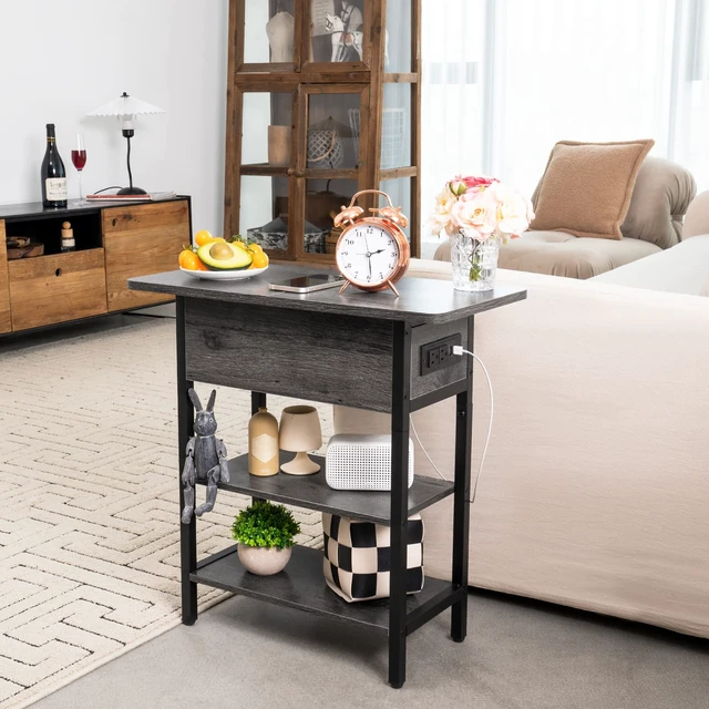 Alt view image 6 of 6 - End Table with Charging Station, Flip Top Side Table with USB Ports and Outlets, Sofa Couch Table Bedside Table for Living Room Bedroom, Narrow Nightstand with Storage Shelves for Small Space