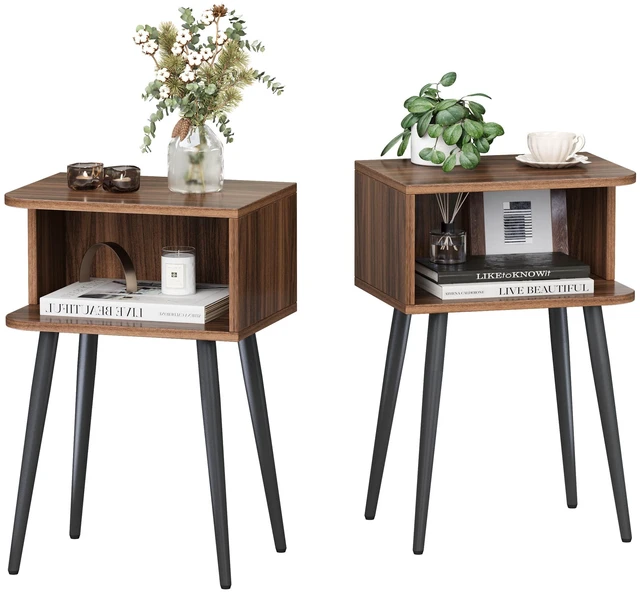 Main image of Set of 2, Small Bed Side Table for Small Spaces, Mid Century Modern Nightstand End Table with Open Storage, Side Table for Bedroom Living Room, Walnut Brown MLBZ20R-2