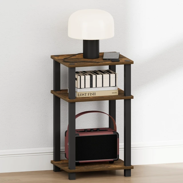 Alt view image 2 of 6 - 3-Tier Toolless Night Stand, Open Shelf, Amber Pine
Compact, Narrow, Nightstand, Bedside Table, End Table, Side Table, Square Tube, for Living Room, Bedroom