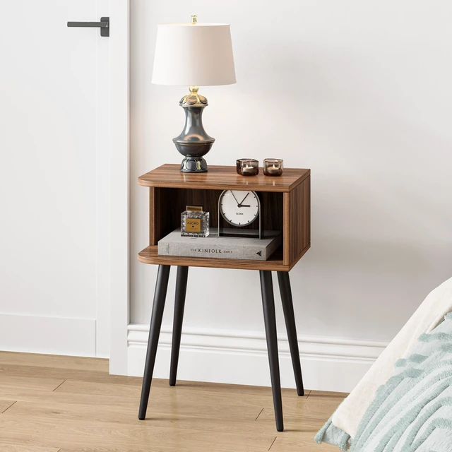Alt view image 2 of 7 - Set of 2, Small Bed Side Table for Small Spaces, Mid Century Modern Nightstand End Table with Open Storage, Side Table for Bedroom Living Room, Walnut Brown MLBZ20R-2