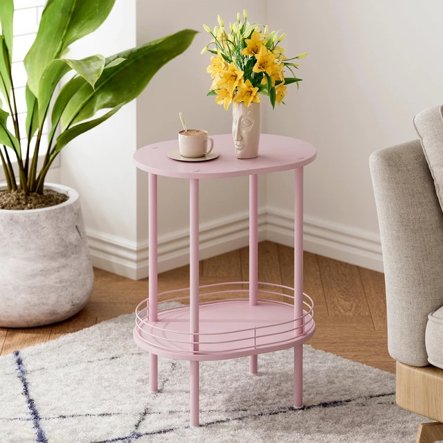 Alt view image 2 of 7 - Oval Side Table with Storage, 2-Tier Pink End Table for Small Space
Simple Nightstand with Metal Frame, Modern Round Bedside Table for Living Room, Bedroom, Bathroom, Nursery(1 PC, Pink)
