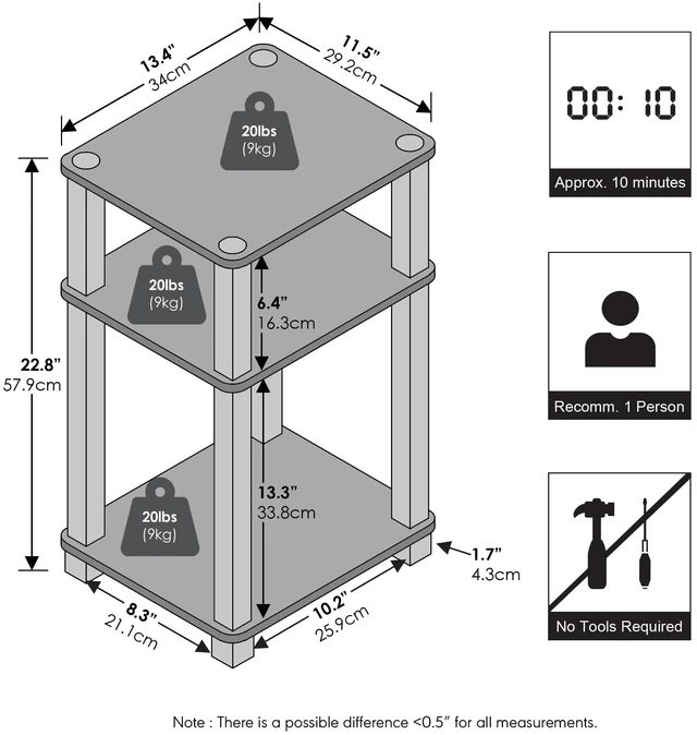 Alt view image 3 of 6 - 3-Tier Toolless Night Stand, Open Shelf, Amber Pine
Compact, Narrow, Nightstand, Bedside Table, End Table, Side Table, Square Tube, for Living Room, Bedroom