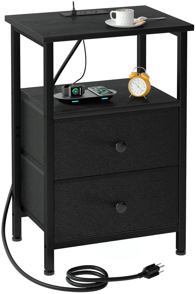 Main image of Night Stand, Small Nightstand with Charging Station
Bedside Table with 2 Fabric Drawers, End Table Living Room, Side Table with USB & Type-C Ports for Bedroom, Black