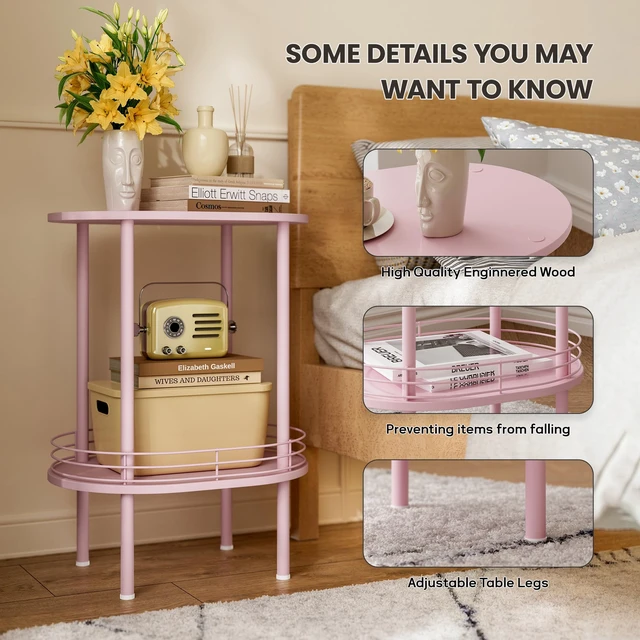 Alt view image 3 of 7 - Oval Side Table with Storage, 2-Tier Pink End Table for Small Space
Simple Nightstand with Metal Frame, Modern Round Bedside Table for Living Room, Bedroom, Bathroom, Nursery(1 PC, Pink)