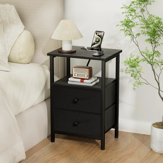 Alt view image 2 of 7 - Night Stand, Small Nightstand with Charging Station
Bedside Table with 2 Fabric Drawers, End Table Living Room, Side Table with USB & Type-C Ports for Bedroom, Black