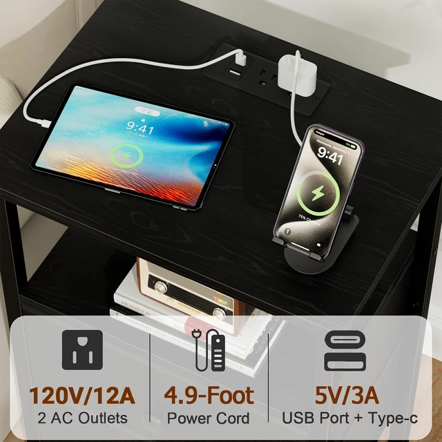 Alt view image 3 of 7 - Night Stand, Small Nightstand with Charging Station
Bedside Table with 2 Fabric Drawers, End Table Living Room, Side Table with USB & Type-C Ports for Bedroom, Black