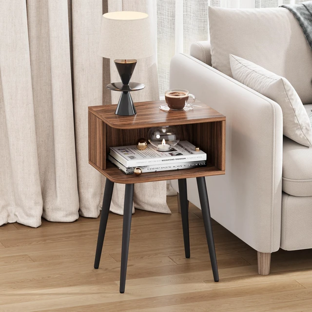 Alt view image 4 of 7 - Set of 2, Small Bed Side Table for Small Spaces, Mid Century Modern Nightstand End Table with Open Storage, Side Table for Bedroom Living Room, Walnut Brown MLBZ20R-2