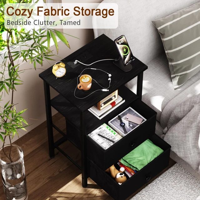 Alt view image 4 of 7 - Night Stand, Small Nightstand with Charging Station
Bedside Table with 2 Fabric Drawers, End Table Living Room, Side Table with USB & Type-C Ports for Bedroom, Black