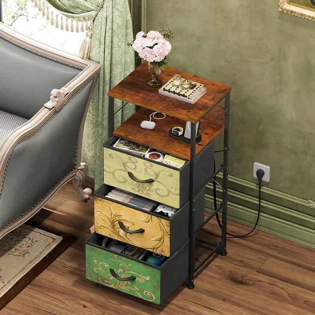 Alt view image 6 of 7 - Night Stand with Charging Station, LED 3 Drawer Bedside Table, Floral
LED Tall Dresser, App RGB Lights, 3USB+2AC, 3Drawers+Open Shelf, Waterproof, Stable, Easy Assembly