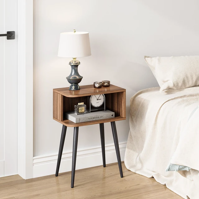 Alt view image 5 of 7 - Set of 2, Small Bed Side Table for Small Spaces, Mid Century Modern Nightstand End Table with Open Storage, Side Table for Bedroom Living Room, Walnut Brown MLBZ20R-2