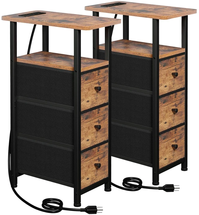 Main image of Narrow End Tables Living Room Set of 2 with Charging Station
Slim Nightstand with 3 Fabric Drawers for Bedroom, Narrow Side Table with Type-C for Small Spaces, Brown