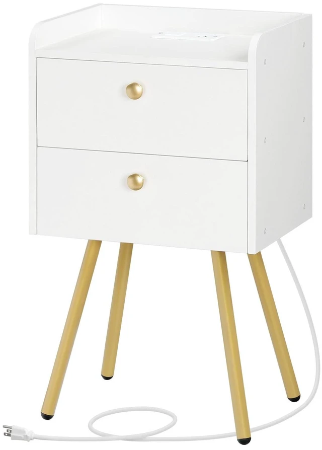 Main image of White Nightstand with Charging Station, Modern End Table
Stylish Sofa Side Table, Flip-Down Doors, Multiple Charging Ports, Metal Legs, for Bedroom, Living Room, White and Gold