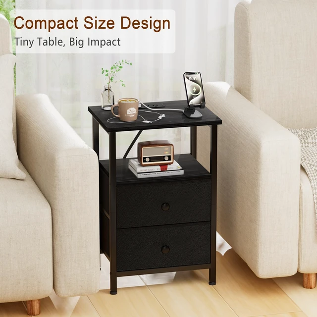 Alt view image 5 of 7 - Night Stand, Small Nightstand with Charging Station
Bedside Table with 2 Fabric Drawers, End Table Living Room, Side Table with USB & Type-C Ports for Bedroom, Black