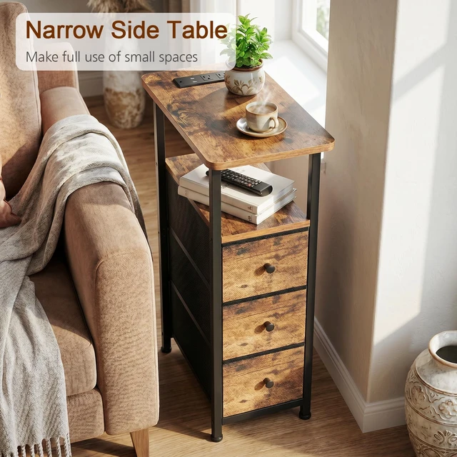Alt view image 2 of 7 - Narrow End Tables Living Room Set of 2 with Charging Station
Slim Nightstand with 3 Fabric Drawers for Bedroom, Narrow Side Table with Type-C for Small Spaces, Brown