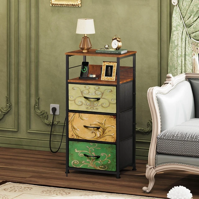 Alt view image 7 of 7 - Night Stand with Charging Station, LED 3 Drawer Bedside Table, Floral
LED Tall Dresser, App RGB Lights, 3USB+2AC, 3Drawers+Open Shelf, Waterproof, Stable, Easy Assembly