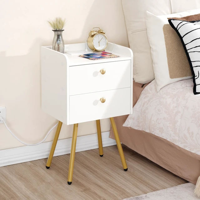 Alt view image 2 of 7 - White Nightstand with Charging Station, Modern End Table
Stylish Sofa Side Table, Flip-Down Doors, Multiple Charging Ports, Metal Legs, for Bedroom, Living Room, White and Gold