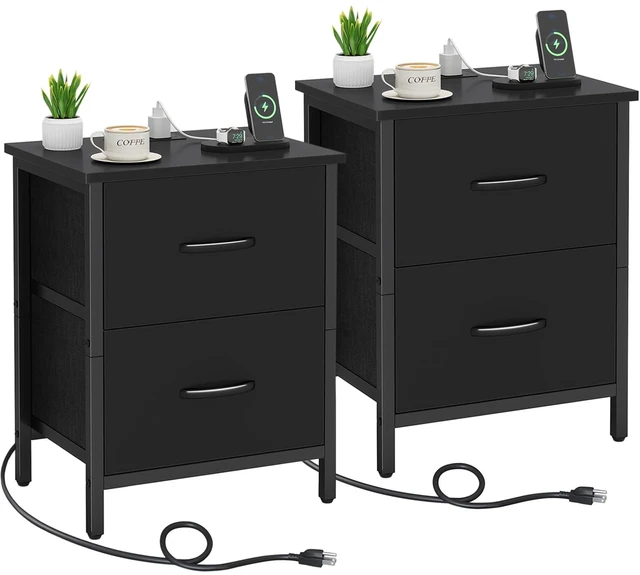 Main image of Nightstand Set of 2 with Charging Station, End Table Bedside Table with Power Outlet & USB Ports, Side Table with 2 Fabric Drawers for Bedroom, Living Room, Black