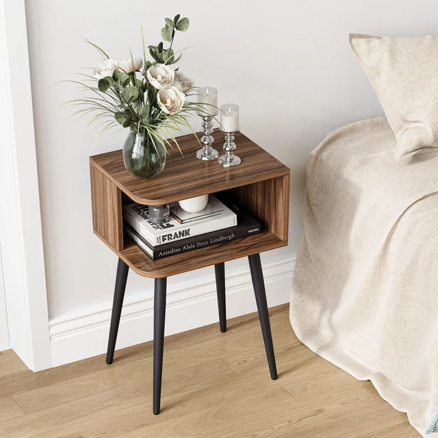 Alt view image 6 of 7 - Set of 2, Small Bed Side Table for Small Spaces, Mid Century Modern Nightstand End Table with Open Storage, Side Table for Bedroom Living Room, Walnut Brown MLBZ20R-2