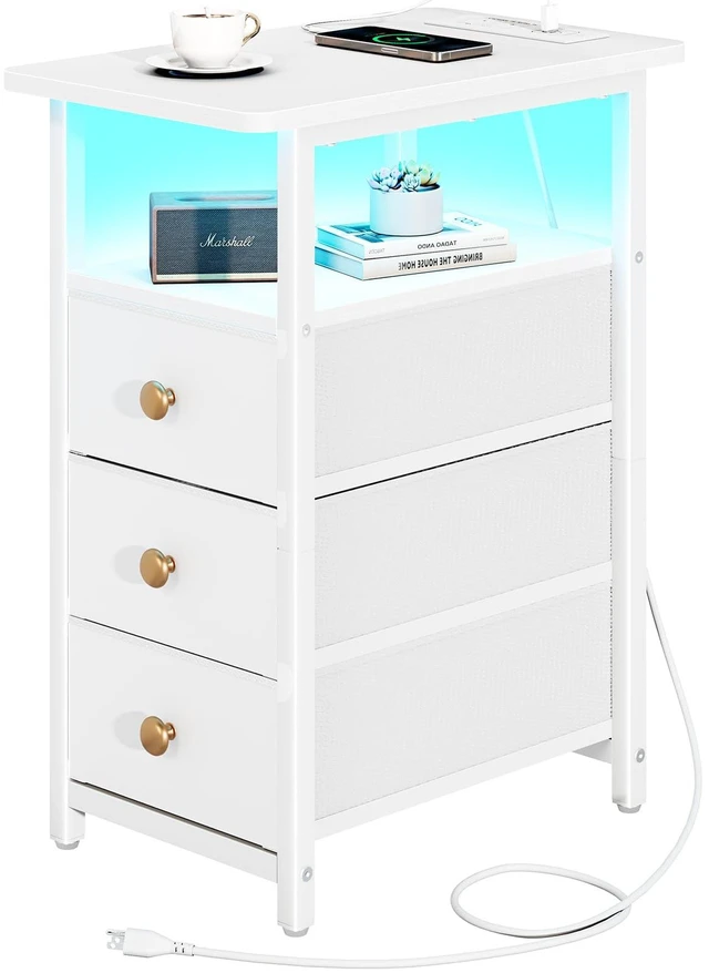 Main image of Table with Charging Station, LED Narrow Side Table Bedside Table, Small Night Stand End Tables Living Room, Skinny Nightstand with 3 Fabric Drawers, Side Tables Bedroom for Small Spaces