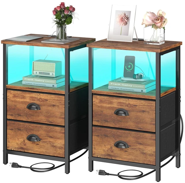 Main image of Rustic Brown Industrial Nightstand Set of 2, Bedside Table with 2 Fabric Drawers, 3-Tier Storage, LED Light, Charging Station, 11.38''D * 15.38''W* 24.75''H