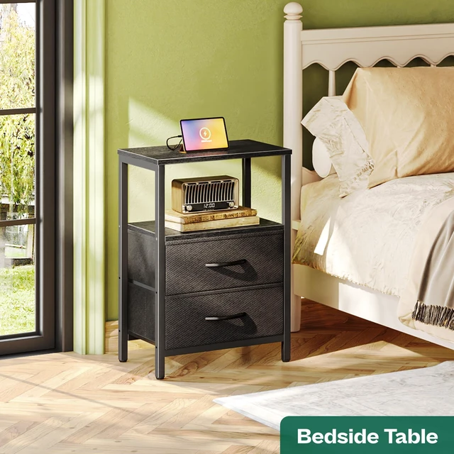 Alt view image 2 of 6 - Nightstands Set of 2, End Tables with Charging Station, Side Table
Side Tables with Fabric Drawers, Bedside Tables with USB Ports and Outlets, Night Stands for Bedroom, Black