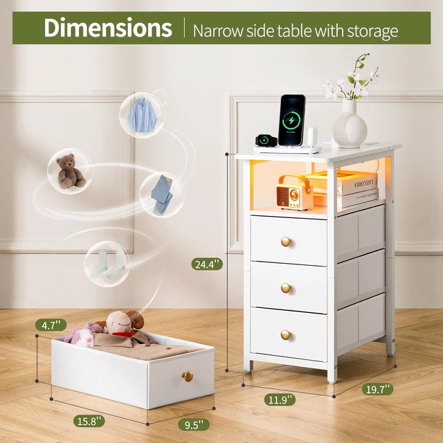 Alt view image 2 of 7 - Table with Charging Station, LED Narrow Side Table Bedside Table, Small Night Stand End Tables Living Room, Skinny Nightstand with 3 Fabric Drawers, Side Tables Bedroom for Small Spaces