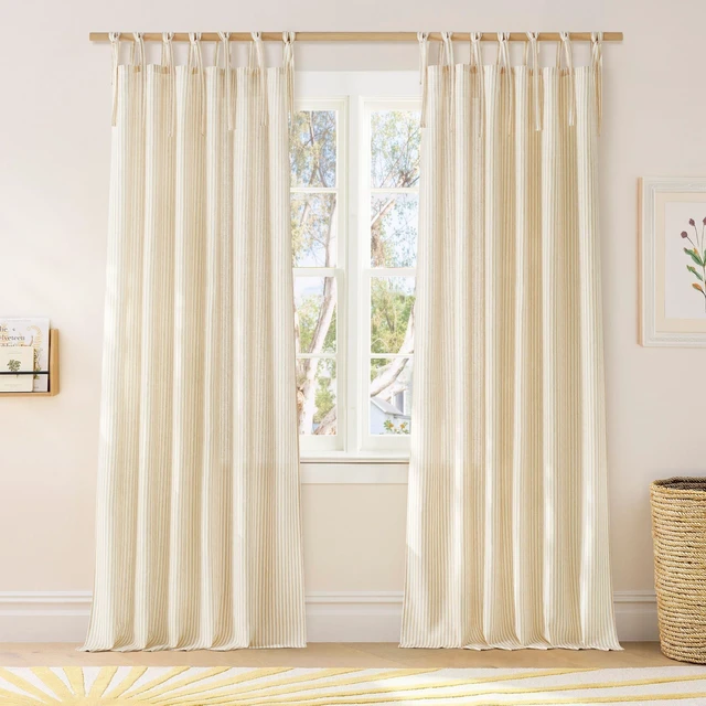 Alt view image 2 of 7 - Tie Top Cream Yellow Window Curtains for Bedroom 2 Panels, W52xL84
Striped Print Thick Linen Blend Light Filtering Window Treatments DIY Crafted Privacy for Kids Room/Nursery/Bedroom