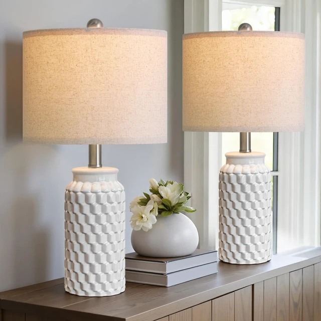 Alt view image 4 of 7 - 20.5" White Modern Ceramic Bedside Lamps Set of 2, Small Table Lamp for Bedroom Decor Farmhouse Nightstand Lamp for Living Room Office