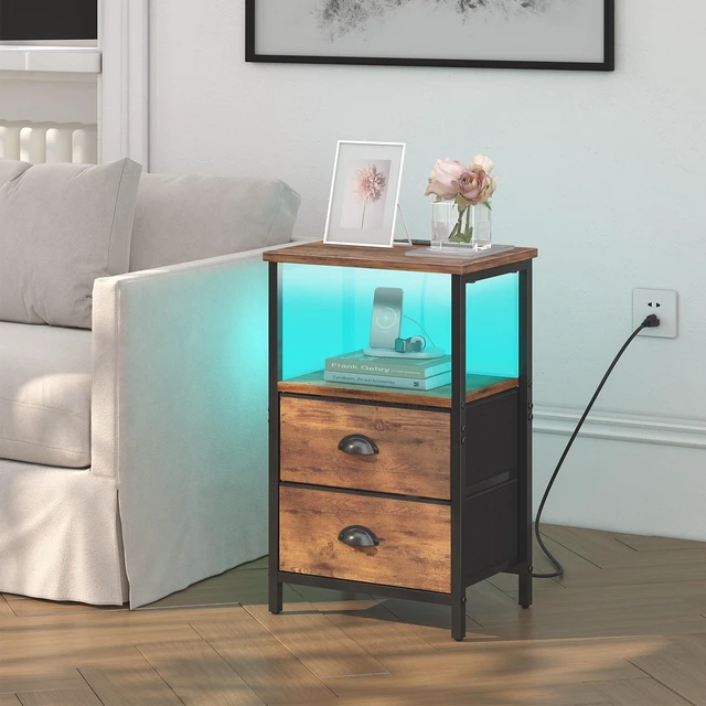 Alt view image 2 of 7 - Rustic Brown Industrial Nightstand Set of 2, Bedside Table with 2 Fabric Drawers, 3-Tier Storage, LED Light, Charging Station, 11.38''D * 15.38''W* 24.75''H