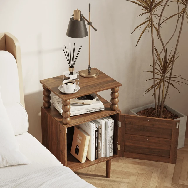 Alt view image 4 of 7 - Nightstand,Retro Bedside Table with Storage Drawer,Dark Walnut
Mid-Century Modern Night Stand with Open Wood Shelf for Bedroom and Small Spaces,Walnut End Side Table with Solid Wood Legs