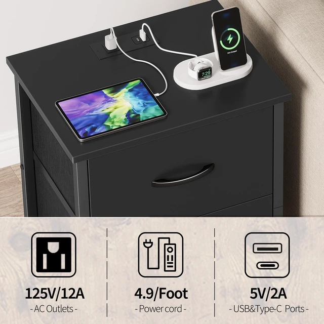 Alt view image 2 of 7 - Nightstand Set of 2 with Charging Station, End Table Bedside Table with Power Outlet & USB Ports, Side Table with 2 Fabric Drawers for Bedroom, Living Room, Black