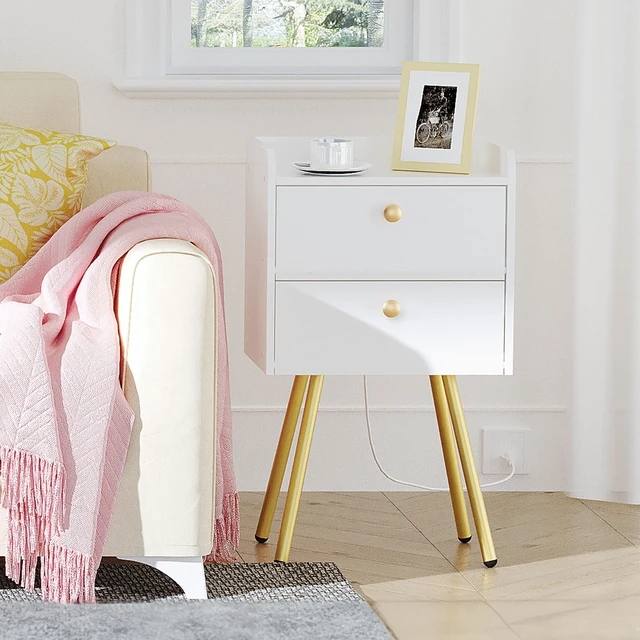 Alt view image 3 of 7 - White Nightstand with Charging Station, Modern End Table
Stylish Sofa Side Table, Flip-Down Doors, Multiple Charging Ports, Metal Legs, for Bedroom, Living Room, White and Gold