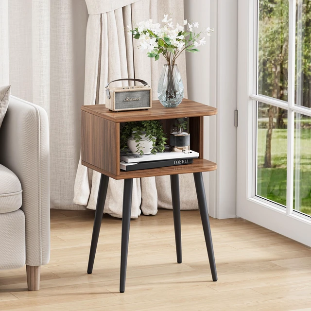 Alt view image 7 of 7 - Set of 2, Small Bed Side Table for Small Spaces, Mid Century Modern Nightstand End Table with Open Storage, Side Table for Bedroom Living Room, Walnut Brown MLBZ20R-2