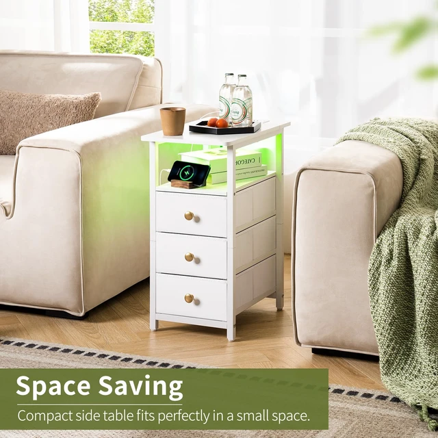 Alt view image 3 of 7 - Table with Charging Station, LED Narrow Side Table Bedside Table, Small Night Stand End Tables Living Room, Skinny Nightstand with 3 Fabric Drawers, Side Tables Bedroom for Small Spaces