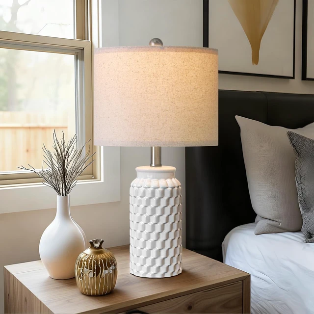 Alt view image 5 of 7 - 20.5" White Modern Ceramic Bedside Lamps Set of 2, Small Table Lamp for Bedroom Decor Farmhouse Nightstand Lamp for Living Room Office