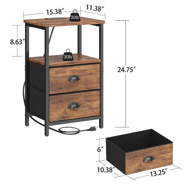 Alt view image 3 of 7 - Rustic Brown Industrial Nightstand Set of 2, Bedside Table with 2 Fabric Drawers, 3-Tier Storage, LED Light, Charging Station, 11.38''D * 15.38''W* 24.75''H
