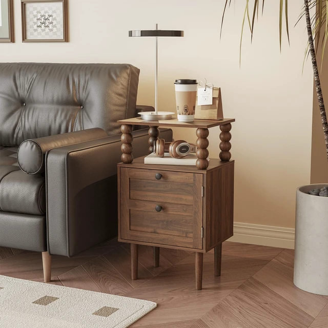 Alt view image 5 of 7 - Nightstand,Retro Bedside Table with Storage Drawer,Dark Walnut
Mid-Century Modern Night Stand with Open Wood Shelf for Bedroom and Small Spaces,Walnut End Side Table with Solid Wood Legs