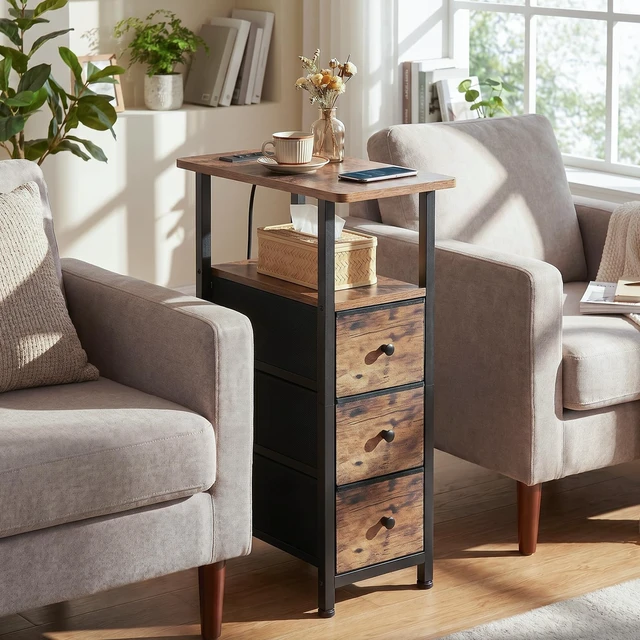 Alt view image 3 of 7 - Narrow End Tables Living Room Set of 2 with Charging Station
Slim Nightstand with 3 Fabric Drawers for Bedroom, Narrow Side Table with Type-C for Small Spaces, Brown