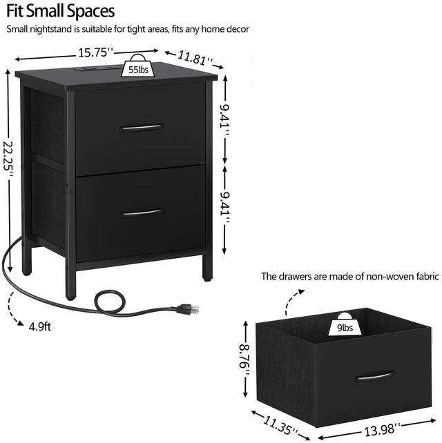 Alt view image 3 of 7 - Nightstand Set of 2 with Charging Station, End Table Bedside Table with Power Outlet & USB Ports, Side Table with 2 Fabric Drawers for Bedroom, Living Room, Black