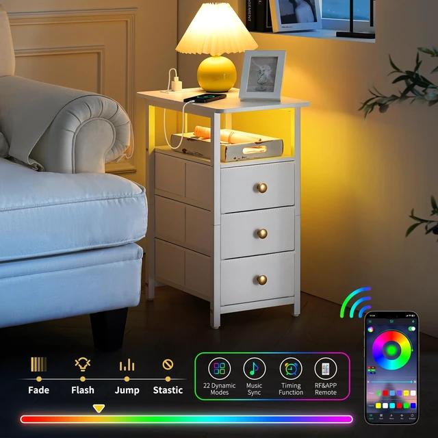 Alt view image 4 of 7 - Table with Charging Station, LED Narrow Side Table Bedside Table, Small Night Stand End Tables Living Room, Skinny Nightstand with 3 Fabric Drawers, Side Tables Bedroom for Small Spaces