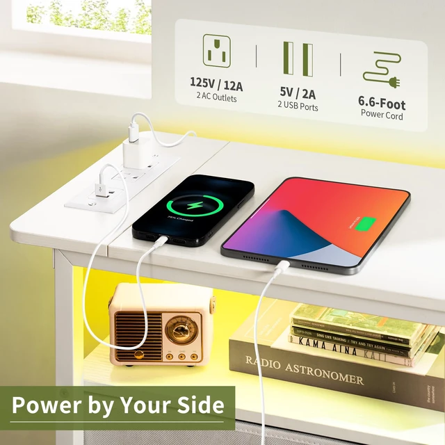 Alt view image 5 of 7 - Table with Charging Station, LED Narrow Side Table Bedside Table, Small Night Stand End Tables Living Room, Skinny Nightstand with 3 Fabric Drawers, Side Tables Bedroom for Small Spaces