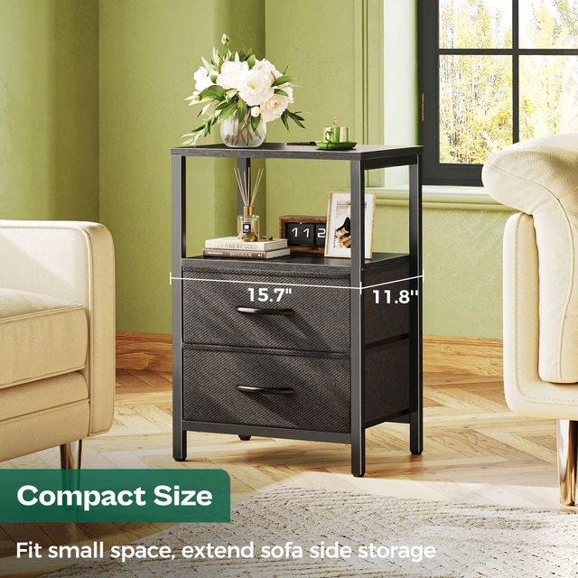 Alt view image 3 of 6 - Nightstands Set of 2, End Tables with Charging Station, Side Table
Side Tables with Fabric Drawers, Bedside Tables with USB Ports and Outlets, Night Stands for Bedroom, Black