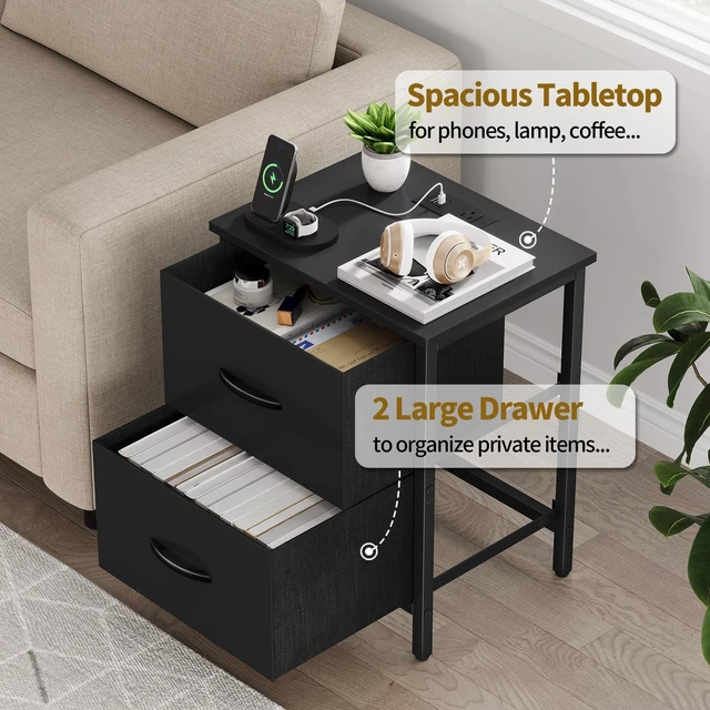Alt view image 4 of 7 - Nightstand Set of 2 with Charging Station, End Table Bedside Table with Power Outlet & USB Ports, Side Table with 2 Fabric Drawers for Bedroom, Living Room, Black