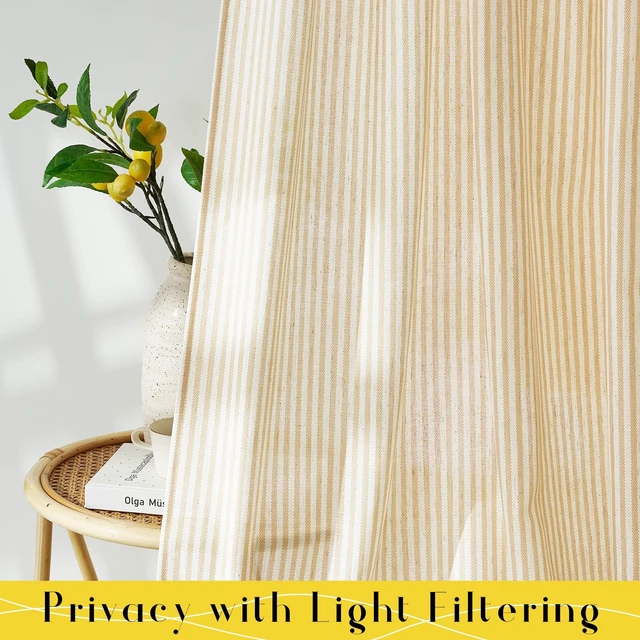 Alt view image 4 of 7 - Tie Top Cream Yellow Window Curtains for Bedroom 2 Panels, W52xL84
Striped Print Thick Linen Blend Light Filtering Window Treatments DIY Crafted Privacy for Kids Room/Nursery/Bedroom