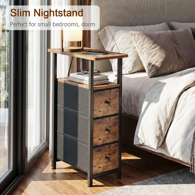 Alt view image 4 of 7 - Narrow End Tables Living Room Set of 2 with Charging Station
Slim Nightstand with 3 Fabric Drawers for Bedroom, Narrow Side Table with Type-C for Small Spaces, Brown