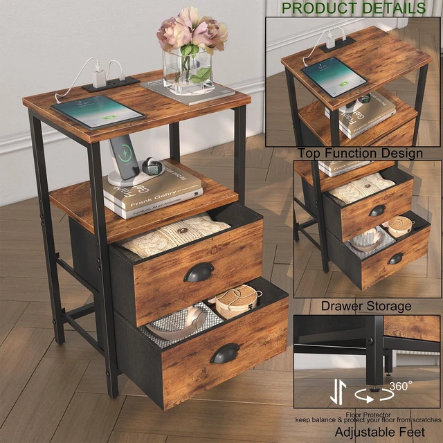 Alt view image 4 of 7 - Rustic Brown Industrial Nightstand Set of 2, Bedside Table with 2 Fabric Drawers, 3-Tier Storage, LED Light, Charging Station, 11.38''D * 15.38''W* 24.75''H