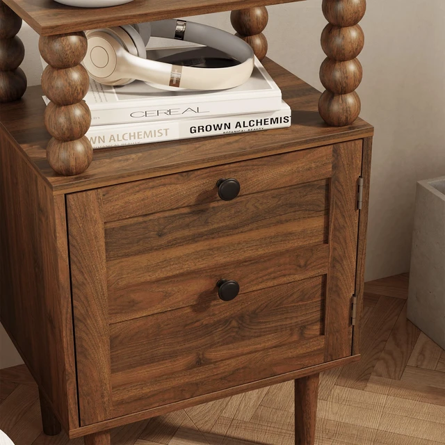 Alt view image 7 of 7 - Nightstand,Retro Bedside Table with Storage Drawer,Dark Walnut
Mid-Century Modern Night Stand with Open Wood Shelf for Bedroom and Small Spaces,Walnut End Side Table with Solid Wood Legs