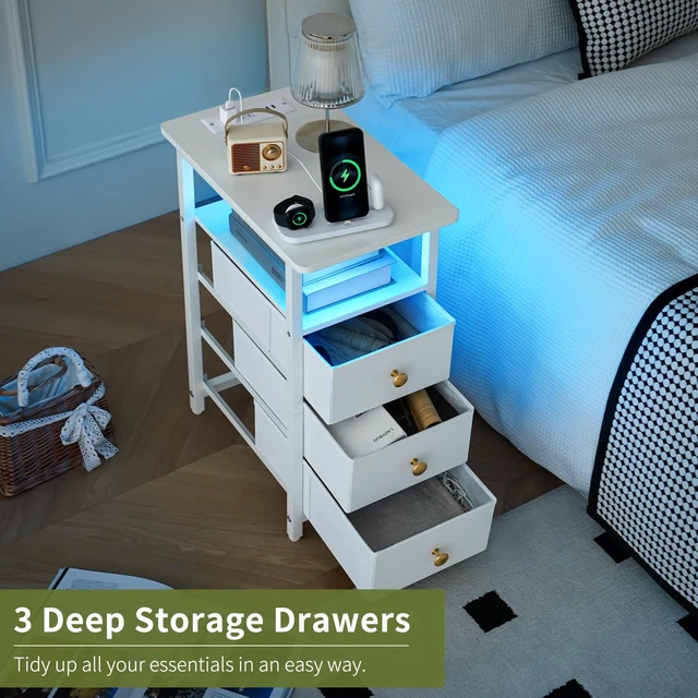 Alt view image 6 of 7 - Table with Charging Station, LED Narrow Side Table Bedside Table, Small Night Stand End Tables Living Room, Skinny Nightstand with 3 Fabric Drawers, Side Tables Bedroom for Small Spaces