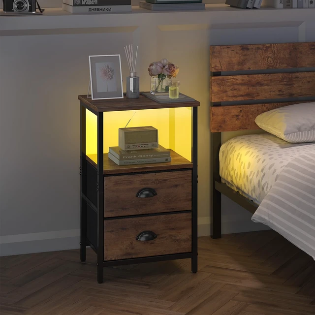 Alt view image 5 of 7 - Rustic Brown Industrial Nightstand Set of 2, Bedside Table with 2 Fabric Drawers, 3-Tier Storage, LED Light, Charging Station, 11.38''D * 15.38''W* 24.75''H