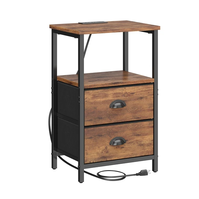 Alt view image 6 of 7 - Rustic Brown Industrial Nightstand Set of 2, Bedside Table with 2 Fabric Drawers, 3-Tier Storage, LED Light, Charging Station, 11.38''D * 15.38''W* 24.75''H